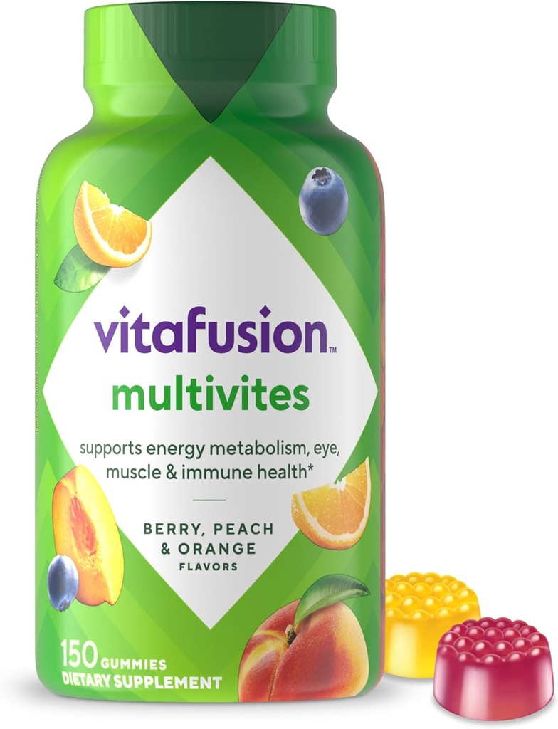 Viafusion MultiVites Gummy Multivitaminer til voksne med 12 vitaminer og mineraler, Berry, Peach og orange smag, Amerikas nummer 1 Gummy Vitamin Brand, 75 Day Supply, 150 Greve