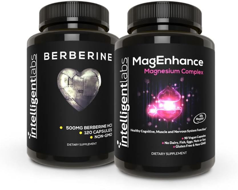 Intelligent Labs 2-in-1 Bundle of MagEnhance Magnesium Supplement (Magnesium L-Threonate Complex with Mg Glycinate and Mg Taurate) and Max Strength Berberine 500MG Capsules