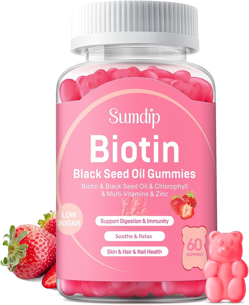 Juoda sėklų aliejus Gummies su biotinu, Imuninė parama Sveiki plaukai & oda & Vinys moterims ir vyrams, Chlorofilas, Cinkas, Vitaminas A, B6, B12, C, D, E, Vegano priedas - 60 Gummies