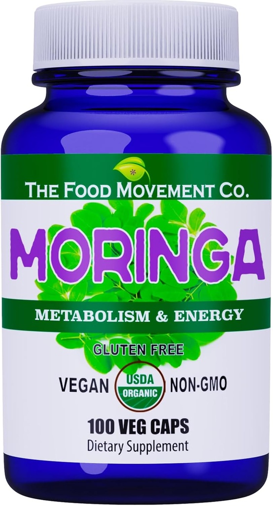 Pārtikas kustība CO. Moringa - Sertificēts Organic Superfood, Visa ķermeņa labsajūta, Dabas Enerģijas Atbalsts, Atbalsta Veselīgs Metabolisms - 100 Vegan Kapsulas