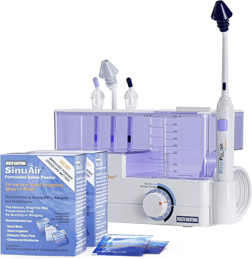 SinuPulse Elite Advanced Назална напоителна система - Pulsating Synus Congestion Relief & Sinus Rinse Machine, По-ефективни от Neti Пот, Спрей за нос или бутилка за нос, с 90 SinuAir Packets