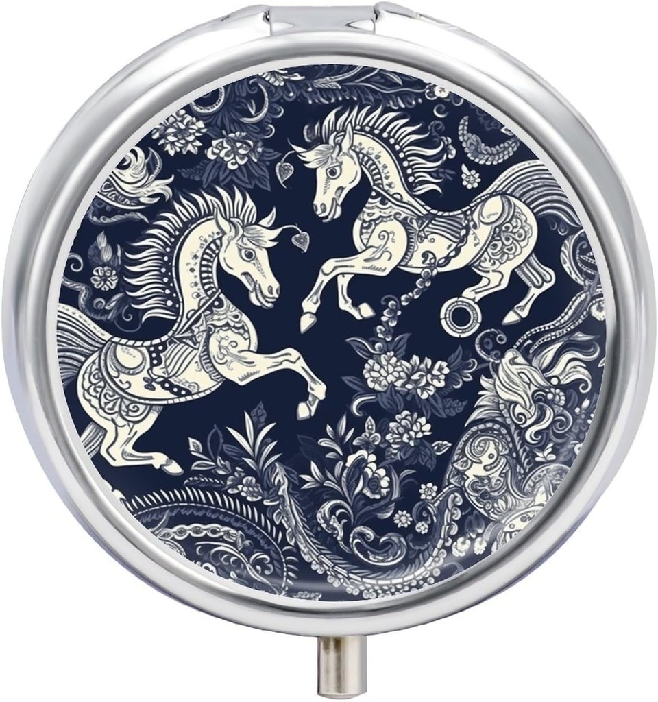 Round Pill Box Chinese Horse Pattern 3 Compartment Small Pill Case Portable Travel Pill Edukiontzi gehigarriei eusteko
