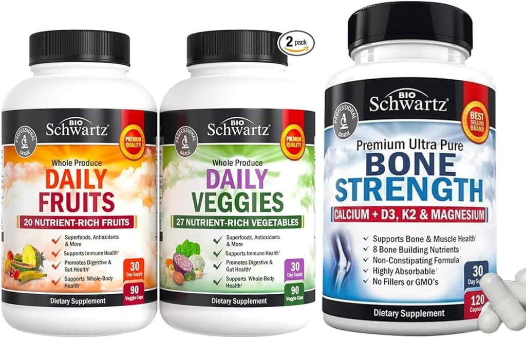 BioSchwartz Daily Fruits and Veggies Supplemento per le donne e gli uomini (1 mese di fornitura) Plus Bone Strength Mineral Supplement with Calcium and Magnesium (1 mese di fornitura)