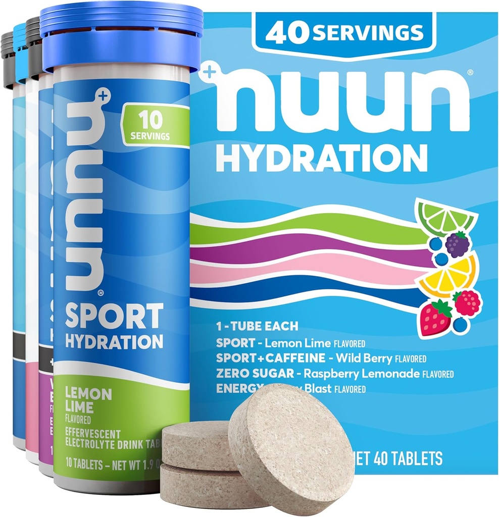 Nuun Hydration Electrolyte Tablets - Sodium, Potassium, Chloride, Calcium, Magnesium, 1g " 0g Sugar Drink Mix ) Vegan, Gluten Free, Non-GMO , Complete Pack, Mixed Flavors, 4 Pack (40 Total Servings)