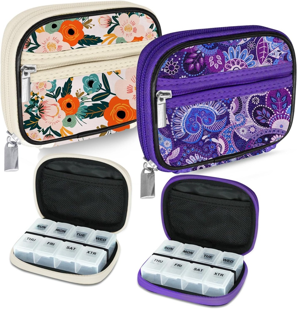 Serfeymi Weekly Travel Pill Organizer Pill Case for Purse with Removable 7 Day Pill Box, Fashionable Travel Medicine Organizer Pill Container for Medicine, Vitamin, Συμπλήρωμα - Bloom 01 + Purple 01