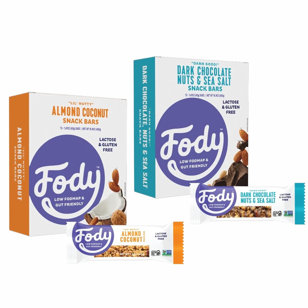 Fody Foods Snack Bars Variety Pack, 1.41 Oz (Pack of 24), Almond Coconut & Dark Chocolate Nuts & Sea Salt, Protein Bars, Low FODMAP, Gut & IBS Friendly, Vegan, Lactose Free, Non-GMO, Gluten Free