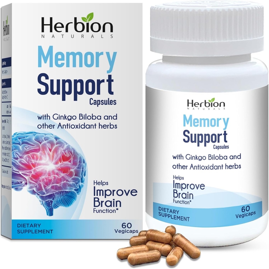 HERBION Naturals Memory Support Capsules, Helps Improve Brain Function " Absent Mindedness, Maintains Healthy Mood Levels with Ginkgo Biloba, for Adults, 60 count, Pack of 1