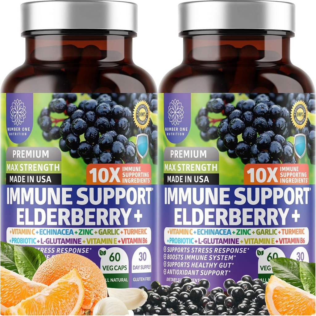 2 Pacote N1N Premium 10 em 1 Suplemento de Suporte Imune [10 Ingredientes Potentes] com Elderberry, Vitamina C, Zinco, Echinacea, Curcumina Turmérica, Alho e Probióticos para Adultos, 120 cápsulas de Veg