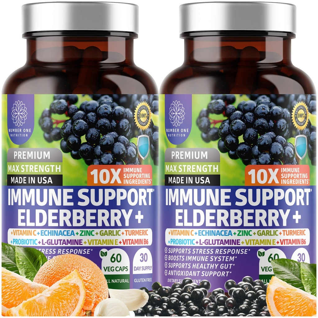 2-Pack N1N Premium 10-in-1 Immune Support Supplement [10 Potent Ingredients] with Elderberry, Vitamin C, Zinc, Echinacea, Turmeric Curcumin, Garlic and Probiotics for Adults, 120 Veg Caps