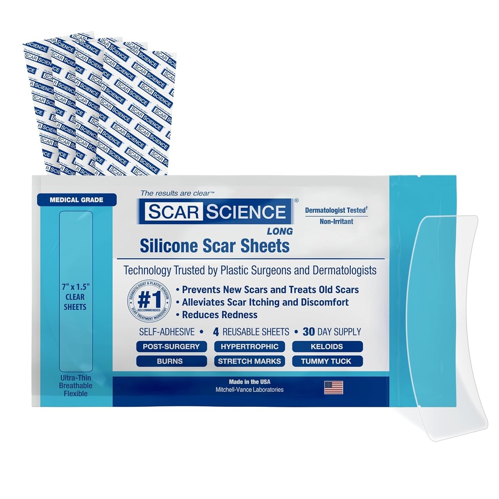 Medisinsk grad Silikon Scar Sheets - 7 - Reusable vannresistant silikon tape for arr - Klar pustende bånd for C-seksjon, Tummy Tuck, kirurgiske arr, og Keloids - 4-Pack