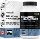 RENEW ACTIVES Melatonin 10MG with Magnesium 150MG Sleep Aid per Serving – Supports Sleep Onset, Jet Lag Relief, Tissue Formation & Electrolyte Balance for Restful Sleep – Made in Canada – 120 Capsules