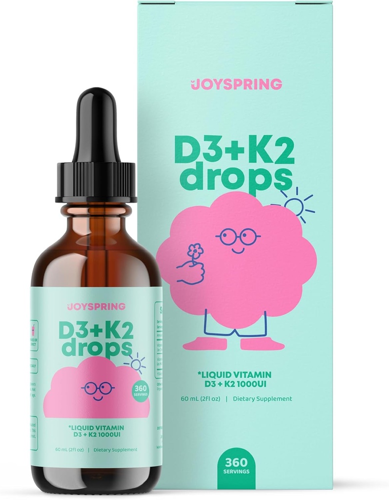 JoySpring vitamin D3 Kids slippes med K2 – Flytende kosttilskudd for kalsiumabsorpsjon og felles helse – 360 serveringer (2 fl oz) – vitamin D Kids alder 3-18