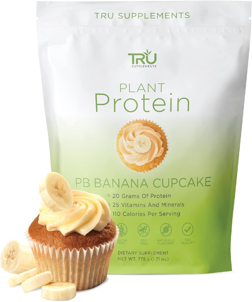 TRU Plante Basert Protein pulver, BCAA, EAA, 20g Vegan Brown Rice & Pea Protein, 100 kalorier, 27 vitaminer, ingen kunstige Flavors 25 serveringer (Peanut Butter Banan Cupcake)