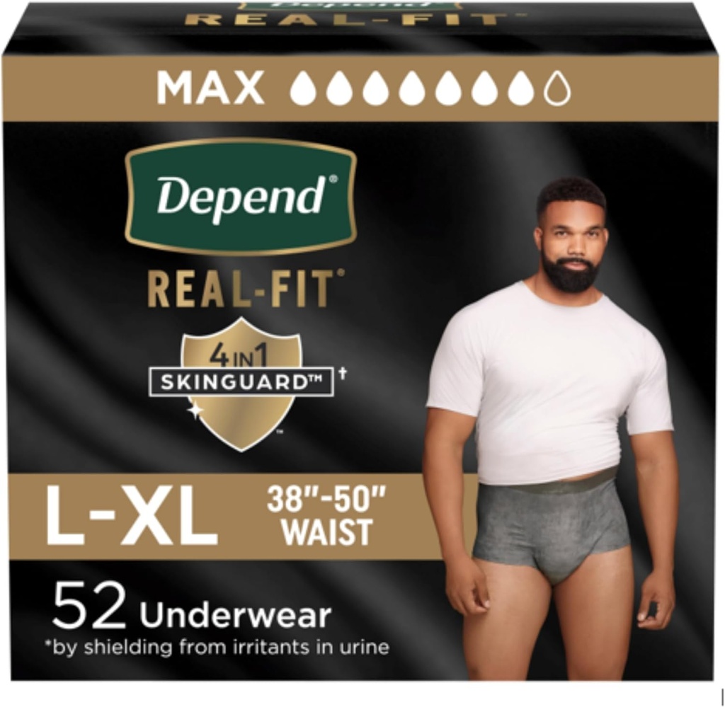 Depend Real Fit Adult Diapers, Incontinuence Underwear for Men, Disposable, Maximum Absorbency, Large / Extra Large, 52 Cacah (2 Paket 26), Packaging May Wary