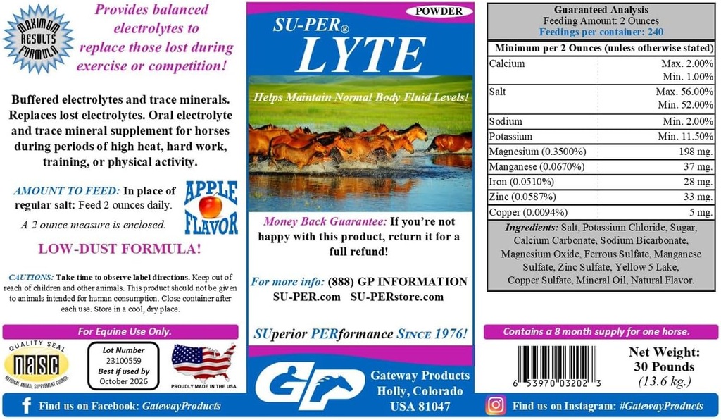 SU-PER Lyte Horse Electrolyte Supplement - Hjelper å opprettholde normale kroppsvæskenivåer - Performance Horse Minerals & Electrolytes Replacering - 30 pund, 8 måneders forsyning