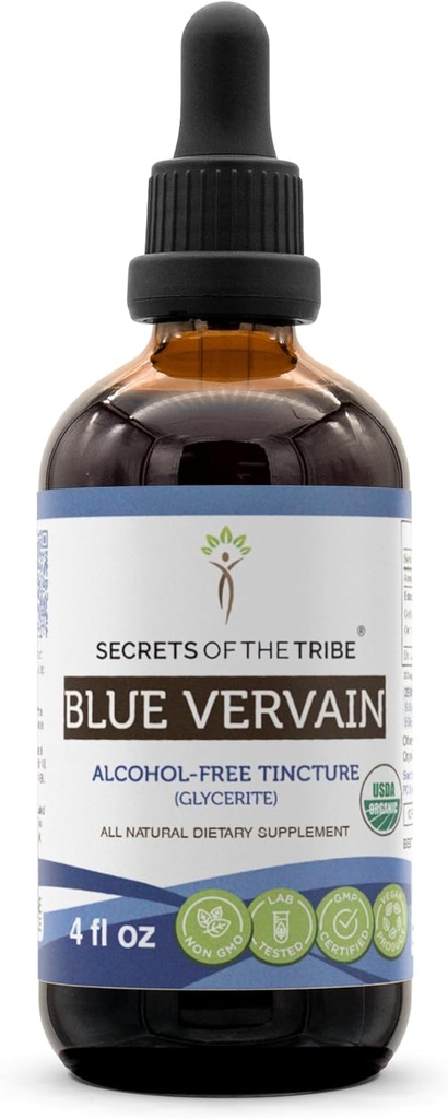 Segredos da Tribo Blue Vervain USDA Organic | Extracto sen alcohol, caídas de herba de alta potencia | Made from 100% Certified Organic Blue Vervain (Verbena Hastata) Dried Herb (4 oz)