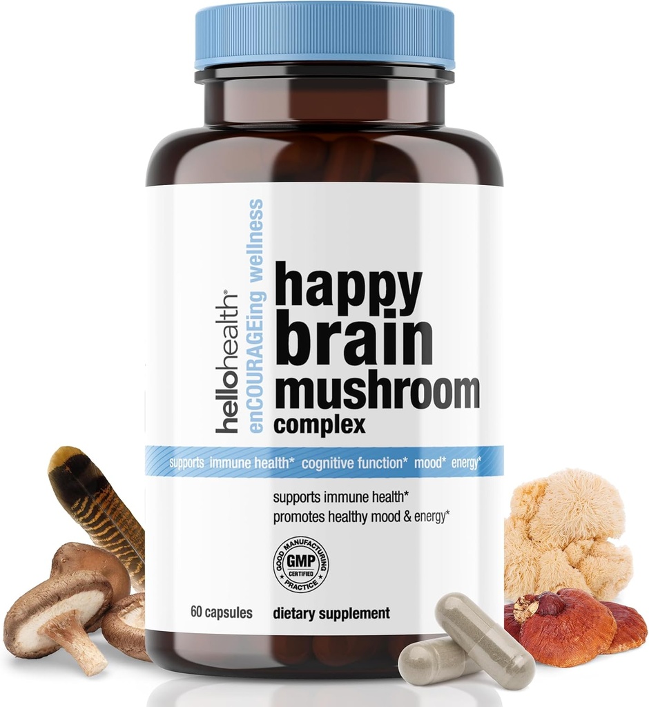 Happy Brain Mushroom Complex Nootropics Brain Support Suplemento, 10 Mushroom Suplemento: Lions Mane, Turquía Tail, Red Reishi, Shiitake Mushrooms for Improved Clarity, Energy, Immune Support 60ct. 4pk