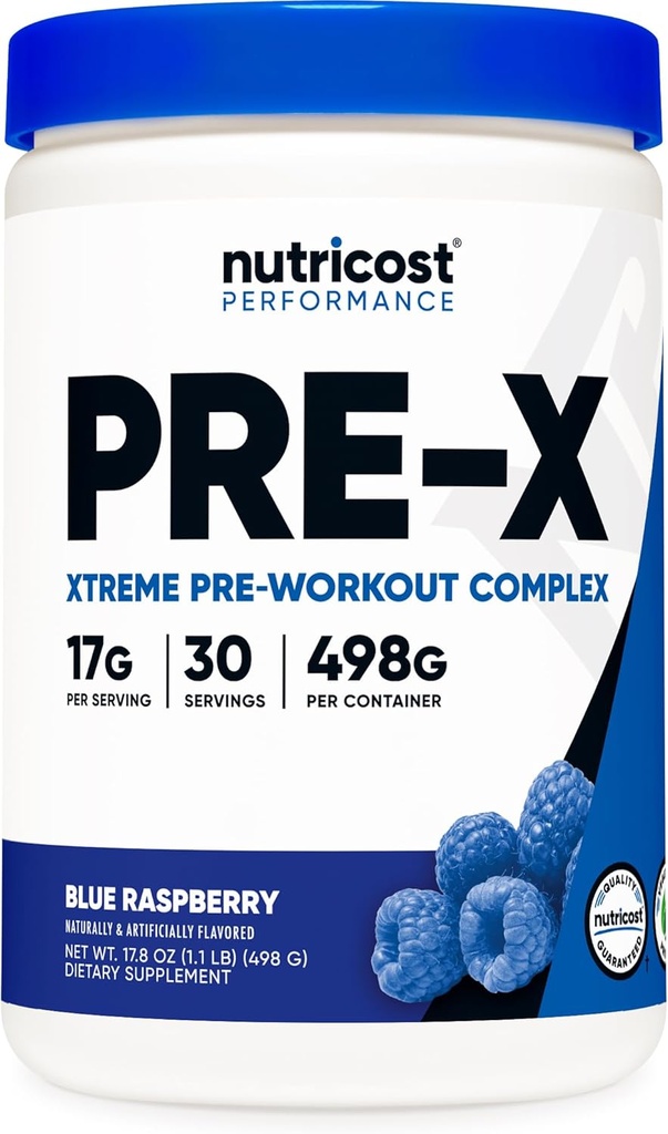 Nutricost Pre-X Xtreme Pre-Workout Powder Complex, Blue Raspberry, 30 servizos, Vegetarian, Non-GMO e Gluten Free