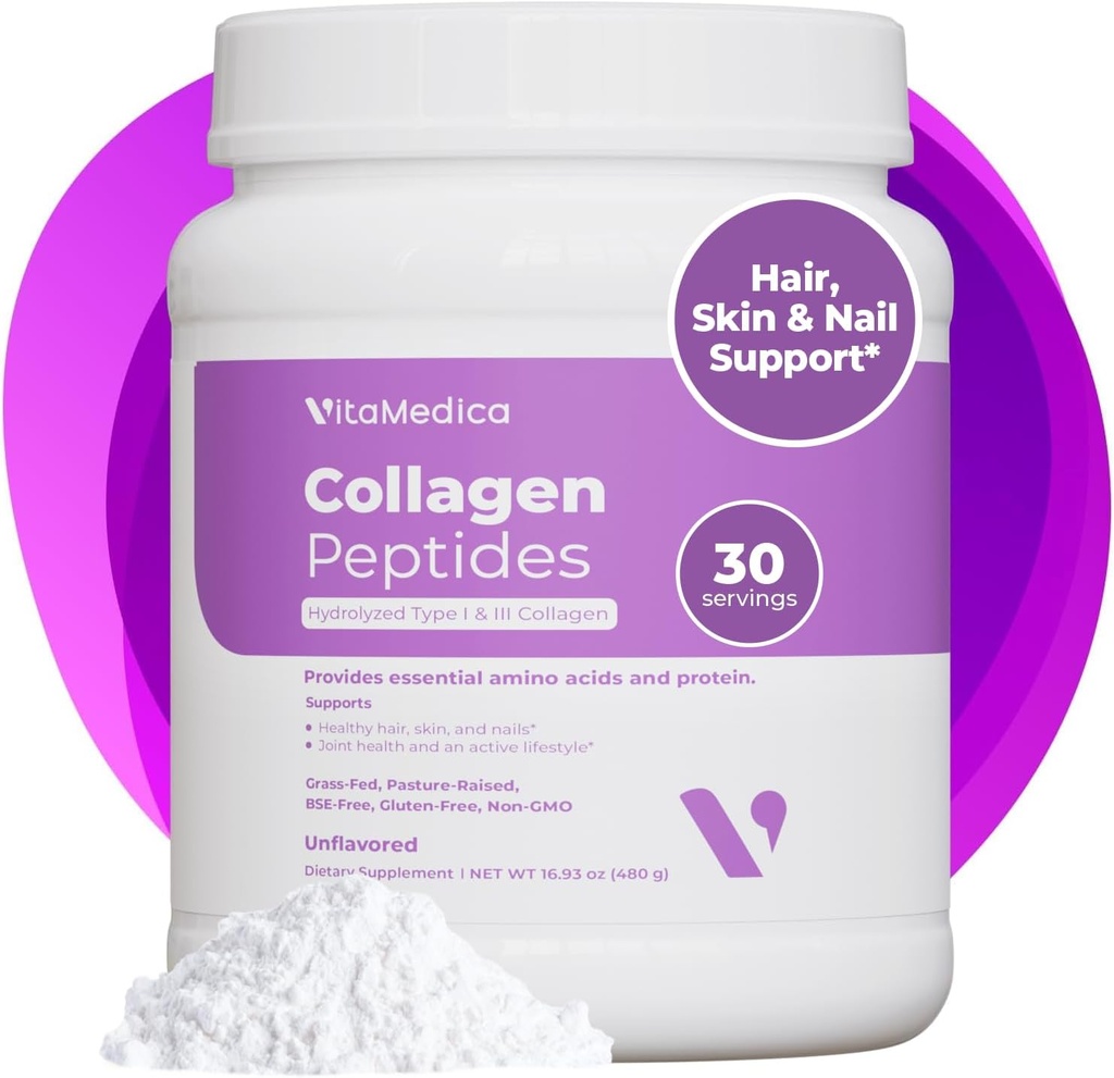 Qadınlar və Kişilər üçün VitaMedica Collagen Peptides Toz - Sağlam Saç, Cilt, Nails, Bones və Birliyi - Hidrolyzed nömrələri I & III, Grass-Fed, Pasture-Raed Protein, Zero Sugar - 30 Baxış