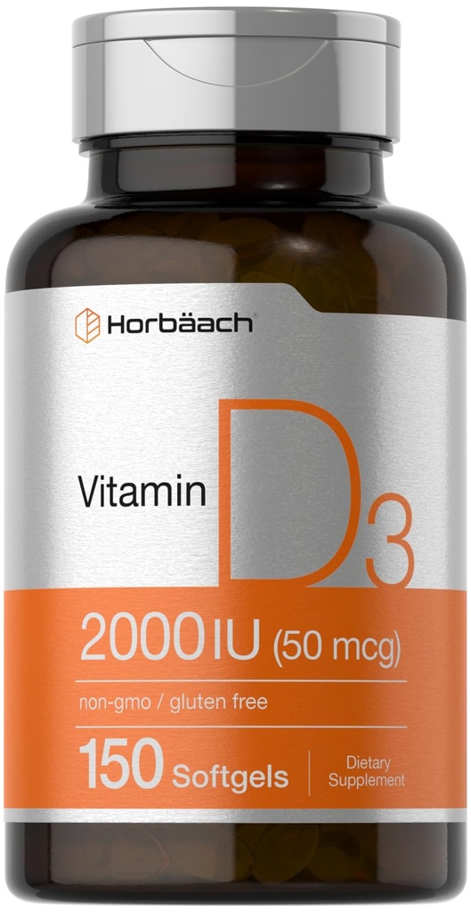 Horbaach Vitamin D3 2000IU Softgels | 150 Count | 50mcg Cholecalciferol | Non-GMO & Gluten Free Supplement