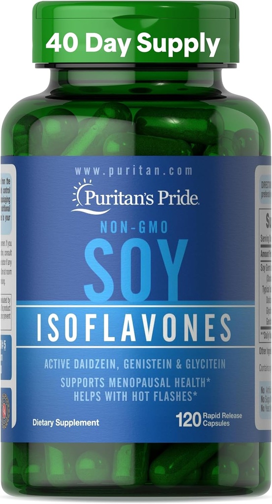 Puritan 's Pride Non-GMO Soy Izoflavones 750 mg, Maisto papildas Active Daidzein, Genistein, ir Glyciten Palaiko Menopauzės ir karšto mirksi, 120 Greito išleidimo kapsulės