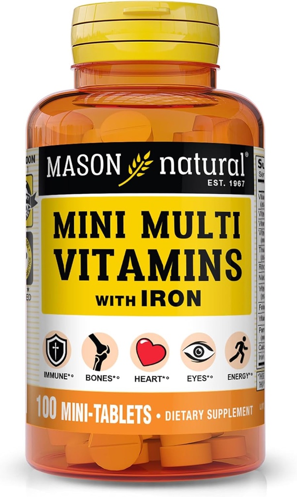 MASON NATURAL Daily Mini Multi Vitaminer med järn, vitamin A, C, D, E, B1, B2, B3, B6, B12, Folate & Calcium, 100 Day Supply (1 Pack)