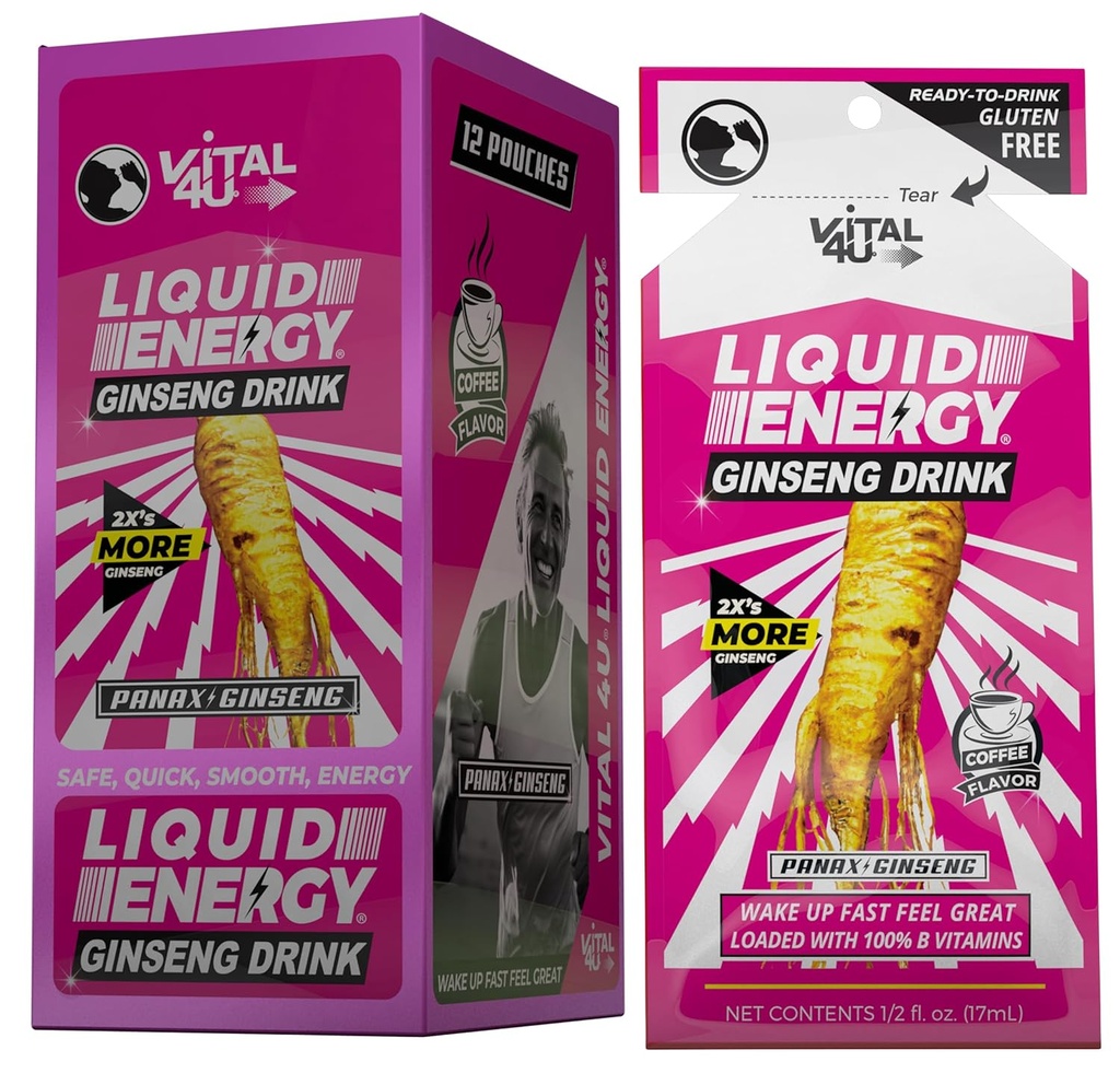 Vital 4UG Liquid Energy Shot - Ginseng, B Vitamins, Naturally Sweetened, coffee Flavor, 24 ct