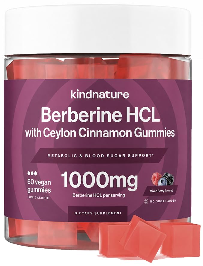 kindnature Berberine Gummies 1000mg with Ceylon Cinnamon & Resveratrol – 6-in-1 Blood Sugar Support Supplement – Metabolism & Weight Wellness – Sugar-Free, Vegan, Non-GMO