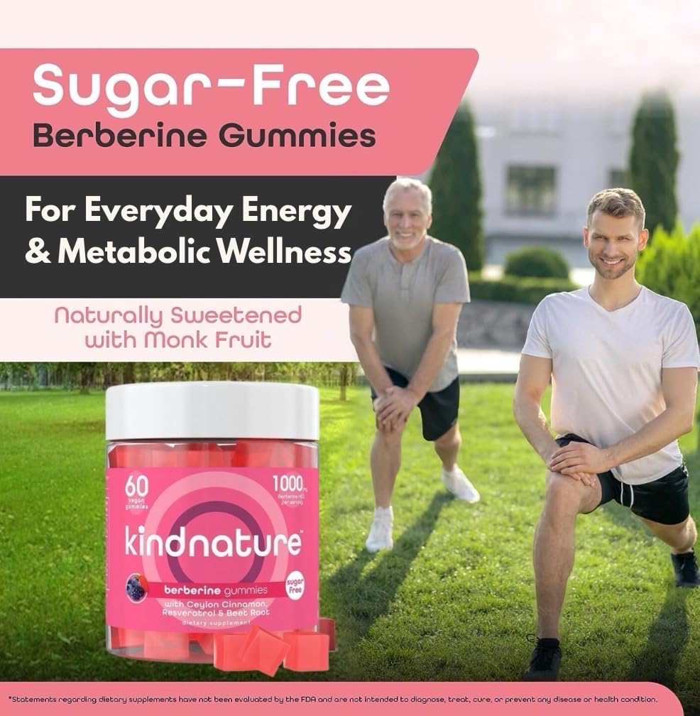 kindnature Berberine Gummies 1000mg with Ceylon Cinnamon & Resveratrol – Sugar-Free Vegan Supplement for Blood Sugar Support, Metabolism, Cravings Wellness – Non-GMO, Gluten-Free