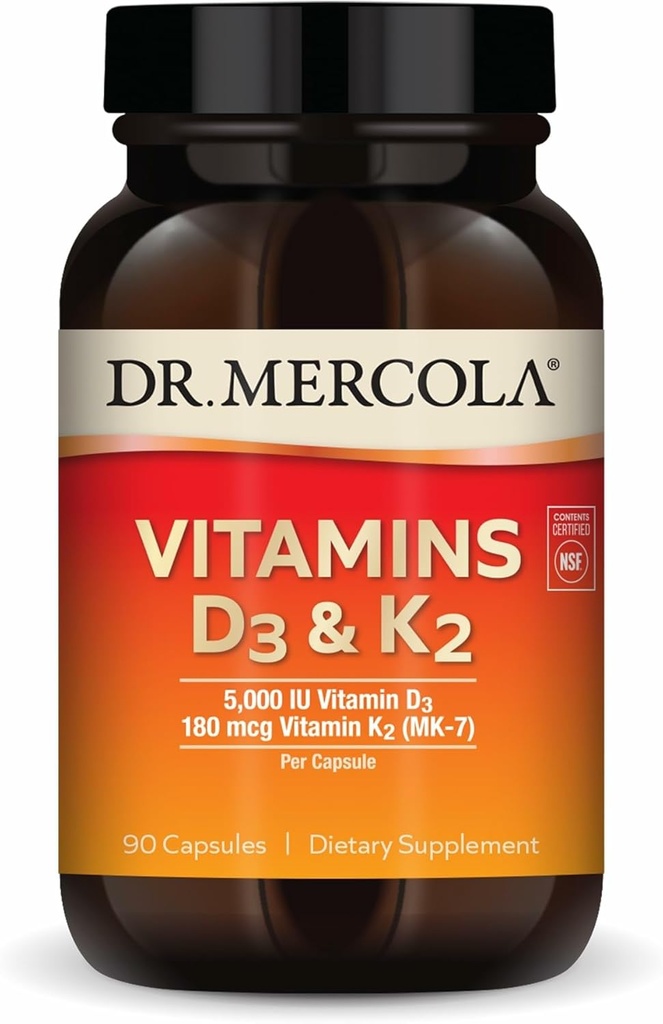 Dr. Mercola Vitamíny D3 & K2 Dietary Supplement, 90 Servisov (90 kapsúl), podporuje zdravie srdca, imunitnú podporu, non GMO, bez sóje, bez lepidla