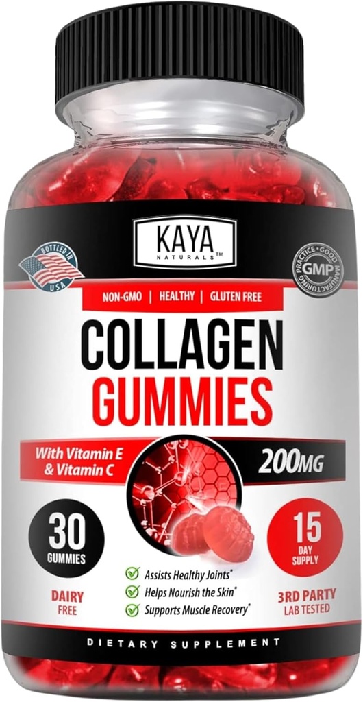 Kaya Naturals Collagen Gummies for Men & Women Supplement | Nature Made Gummies - 1000mg Hydrolyzed Collagen, C bitamina, Selenium & Biotin, Strawberry Flavor - 30 Count