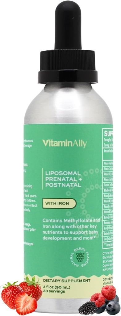 Liposomal Liquid Prenatal + Postnatal Multivitamin Drops med Jern (124; Non- GMO) 124; Sugar Free (124; Gluten Free (124; Let at synke) 124; Understøtter både Baby Development og mor (124; 30 Day Supply) 124; 3 Fl OZ