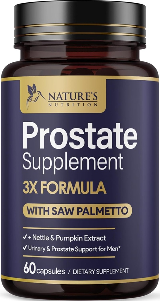 Prostate Health Supption for Men 1000mg - 3X Energy with Saw Palmetto Blend Nettle Root & Pumpkin Seed Complex - Supports Walet Trips & Urinary Health - 60 Capsules