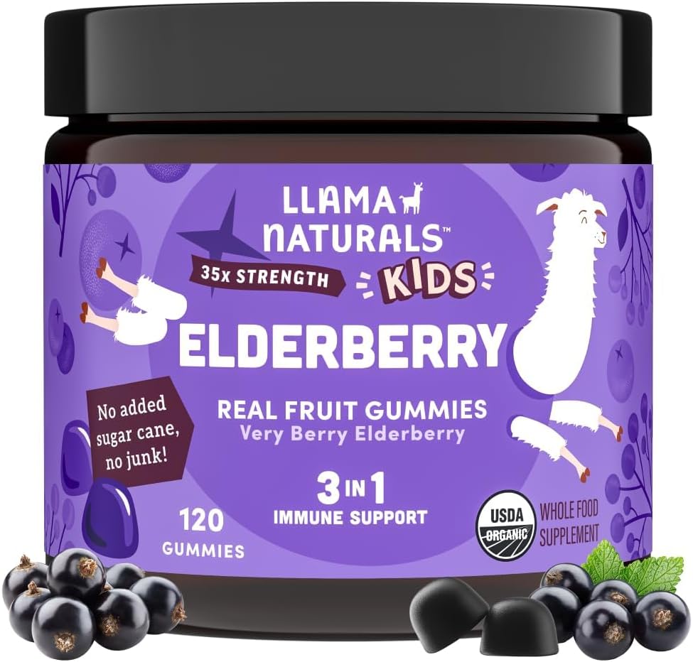 Llama Naturals Elderberry Gummies for Kids, Vegan, 비타민 C 및 아연, Toddler Real Fruit Gummy Vitamins for Immunity, Chewable, 추가 설탕 캔, 120 Ct