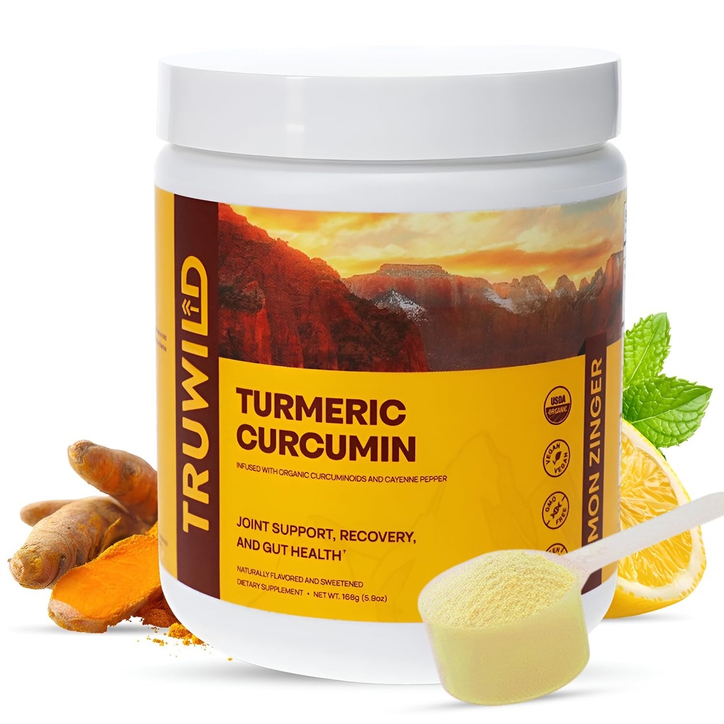 TruWild Vegan Turmeric Curcumin Drink Mix Powder with Organic Curcuminoids Black Pepper Ginger to Support Wellness and Joint Health, All Natural Made in USA, 20 Servings