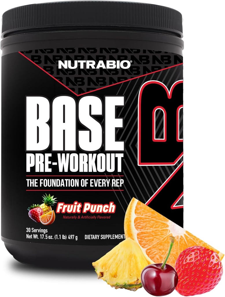 NutraBio Base Pre-Workout порошок 200mg Caffiene, Sustained Energy, Focus, витривалість, насос, цукор безкоштовно, чистий Preworkout для чоловіків і жінок - Beta Alanine, L-Tyrosine, 30 Сервінги - Fruit Punch