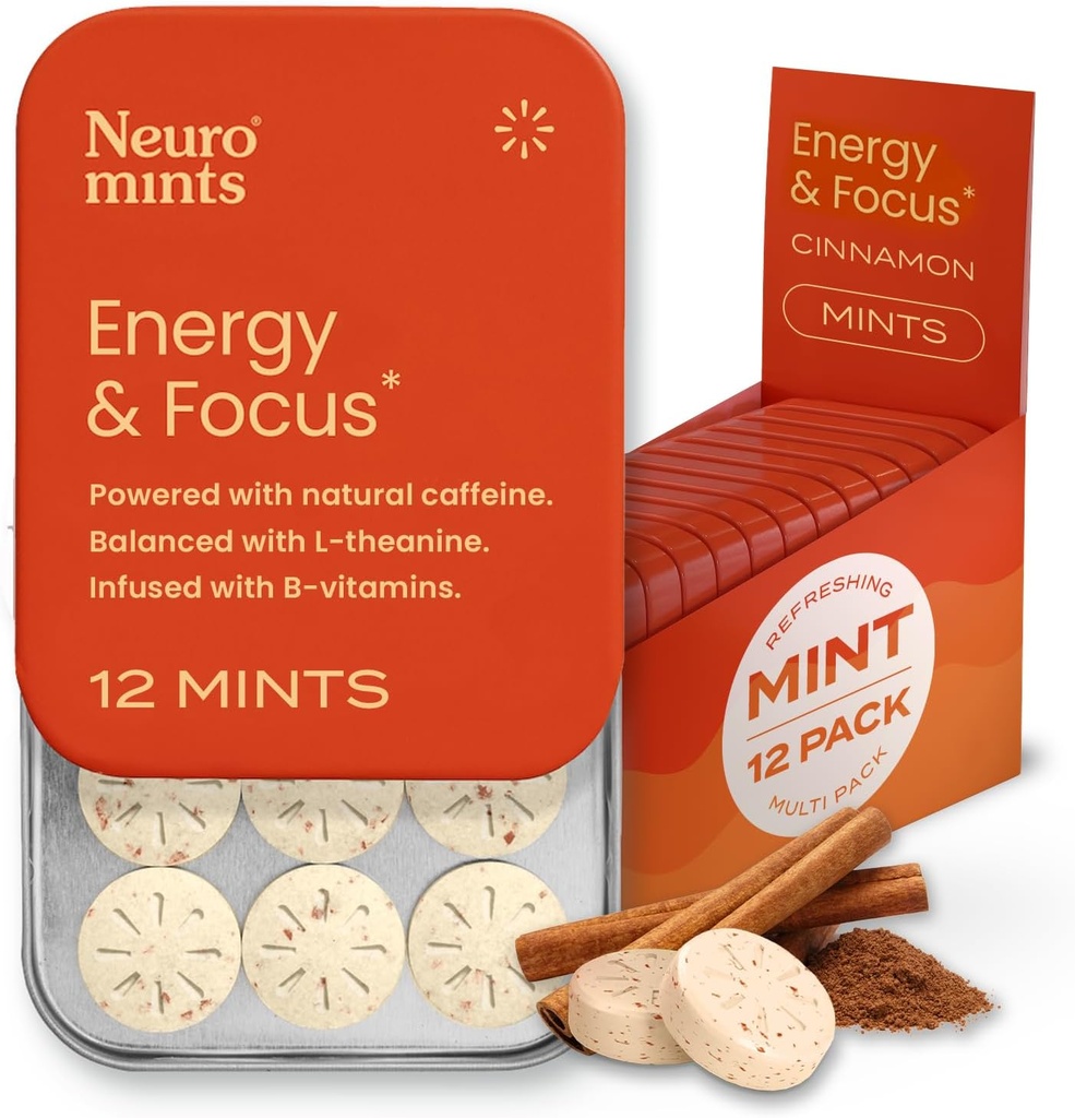 NeuroGum Energy Kofeiin Mints (144 tükki) - Suhkruvaba L-teaniin + looduslik kofeiin + Vitamiin B12 & B6 - Nootroopne energia ja fookuse täiendus naistele ja meestele - Keto & Vegan, Kaneeli Maitse
