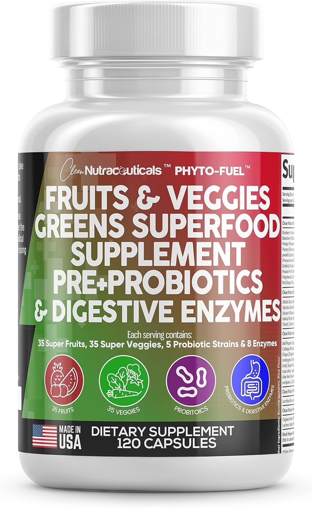 Froitos nutracéuticos limpos e vexetais Suplemento vermellos e superalimento verde - Balance de máis de 70 cápsulas de froitas e verduras con Probióticos Prebióticos Enzimas dixestivos - 120 Ct USA