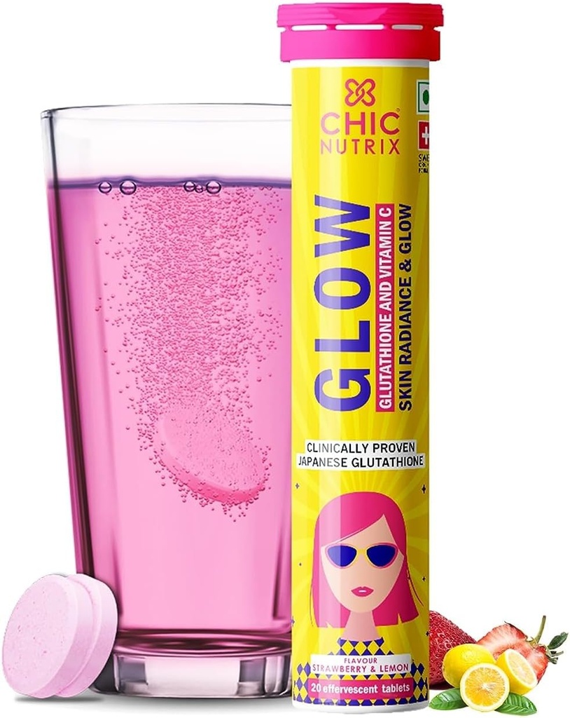Glutatione 500 mg og vitamin C for hudpleie | Glødende og strålende hud - 20 efferveste tabletter | Jordbær-Lemon Flavour