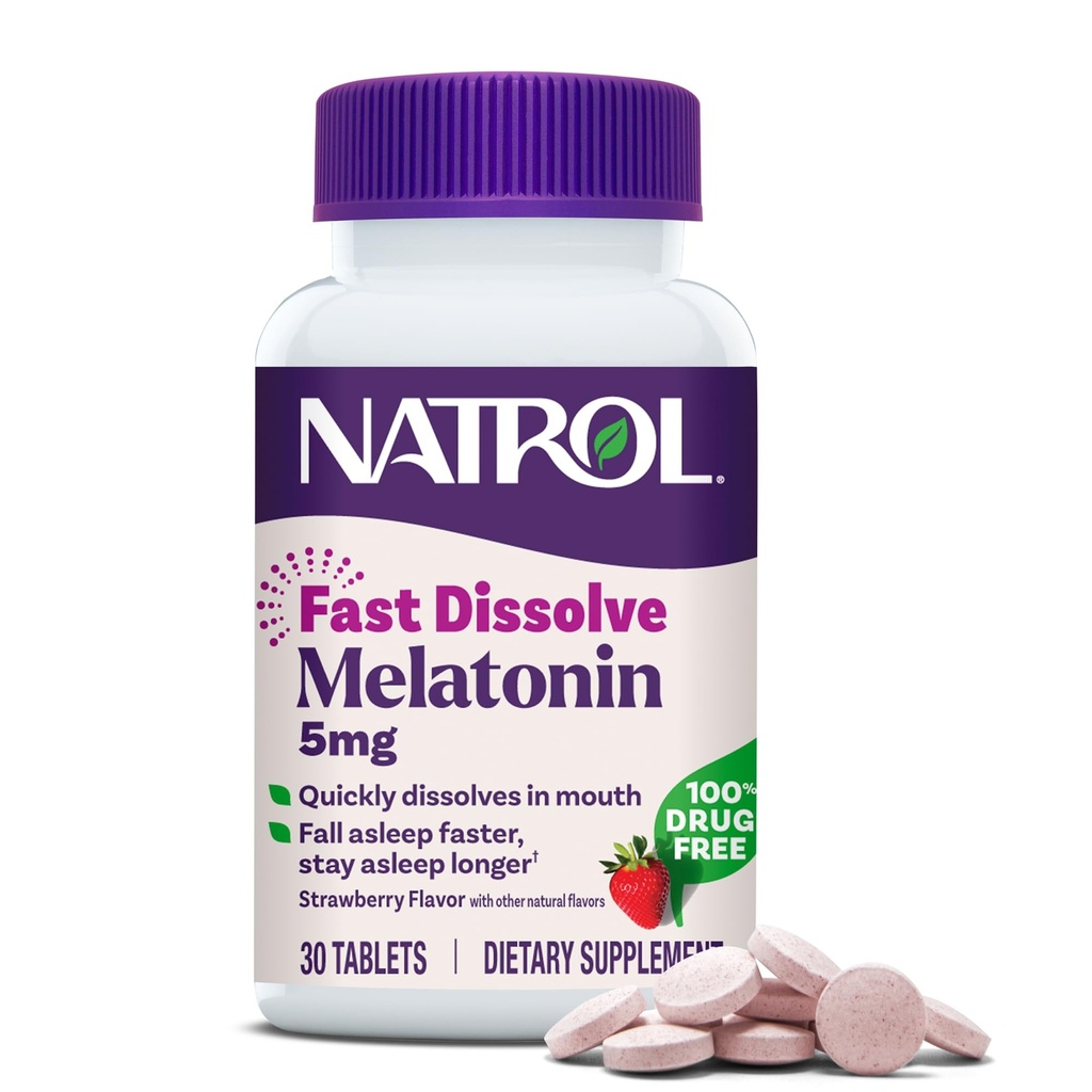 Natrol Fast Dissolve Melatonin 5 mg, Melatonin Supplements for Restful Sleep, Sleep Support for Adults, 30 Strawberry-Flavored Tablets, Up to a 30 Day Supply