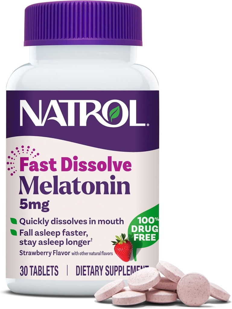 Natrol Snabbupplös Melatonin 5 mg, Melatonin Supplements for Restful Sleep, Sleep Support for Adults, 30 Strawberry-Flavored Tablets, Upp till 30 dagars leverans