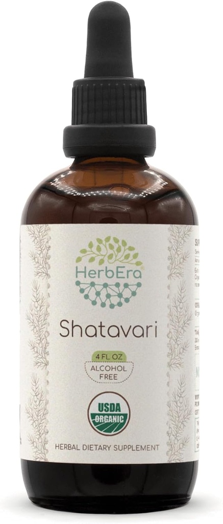 HerbEra Shatavari B120 USDA Organic Tincture, 124; Alkoholio - Free Extract, High- Pocency Herbal Drops Bendrijoje 124; Certified Organic Shatavari (Asparagus racemosus) Sweet root (4 oz)