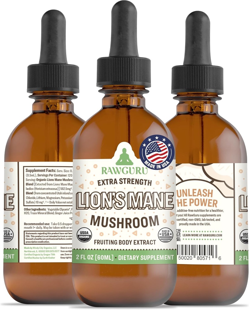 RawGuru Lion's Mane Sēņu Tincture - Vegan Lion's Mane Extract with Trace Minerals - Nano-Processed Immunity Boost & Cognitive Papildinājums - 120 apkalpo Vegan Drops uz 60 ml, iepakojumā 1