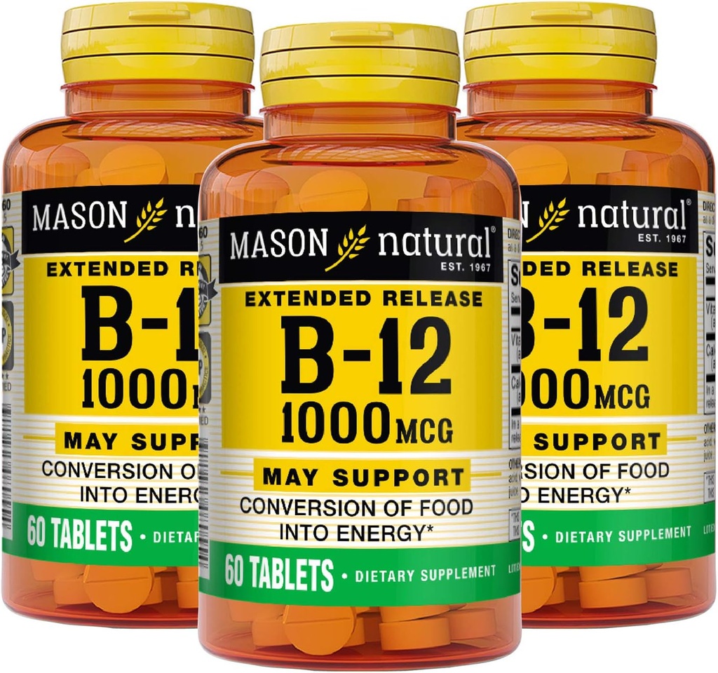 MASON NATURAL B-12 1000Mcg Cyanocobalamin Расширенный выпуск таблетки, 60-кассовые бутылки (пакет 3)