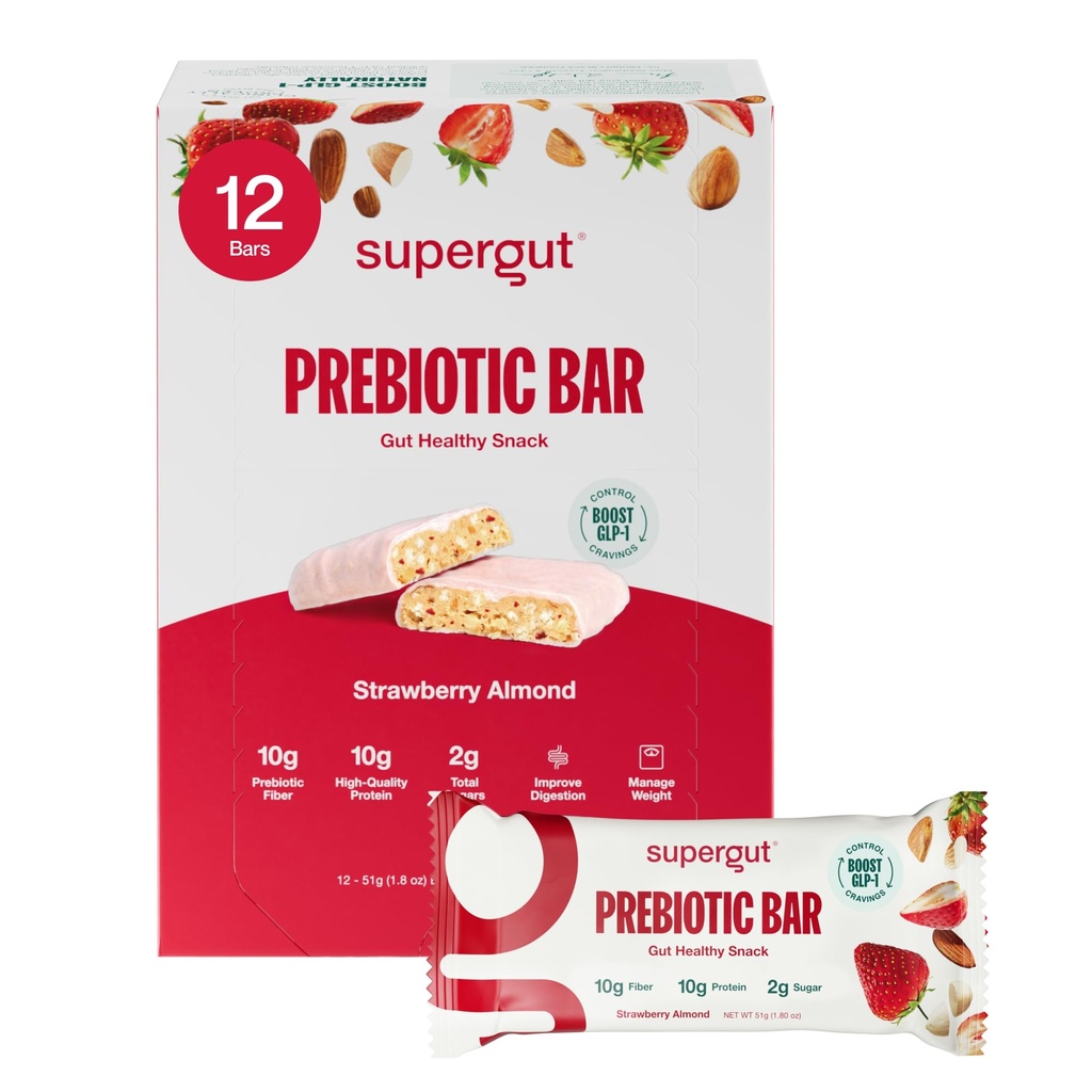 Supergut GLP-1 Boosting Prebiotic Bars, Strawberry Almond - Gut Healthy Protein Snacks & Breakfast Bars - Keto-Friendly Meal Replacement Energy Bars for Gut Health (12 Count)