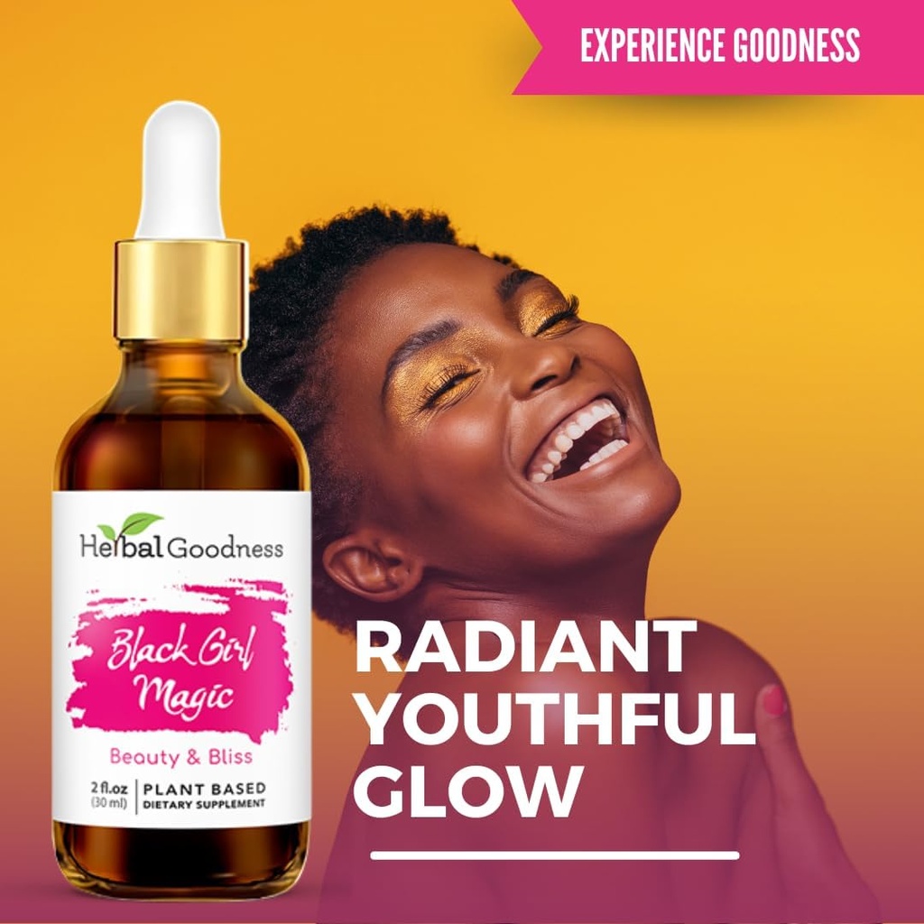 Herbal Goodness Black Girl Magic - Supplements skóry dla kobiet, Promieniowanie skóry Beauty Support, Essential Skin Food, Ashwagandha Supplements - 1 butelka (2 fl oz)
