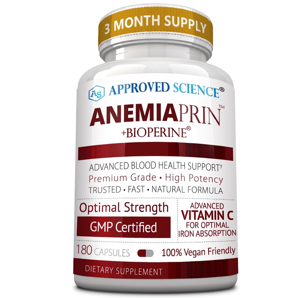 Approved Science Anemiaprin - Iron Bisglycinate with Vitamin C - Gentle On Stomach - Non Constipating Iron Supplement for Women and Men - Blood Support - with Folate and B12-3 Months - Vegan