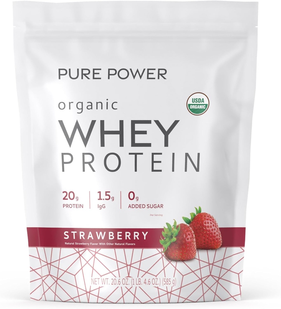 Dr. Mercola Pure Power Whey Protein - 20 g Protein - Suporta Crescimento Músculo & Energia - Concentrado de Whey Feed Grama - 15 Servings (20,60 onças) - Morangueiro