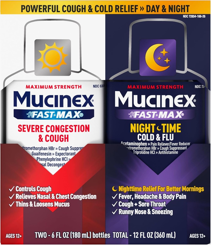 Mucinex Fast- Max & NightShift Combo - Max Tegar Cough & Cold Relief For Musus Relief, Chest Conbubles, Nasal Contrable, Sinus Consultion, Sinus Pressure, Cough Symptom Relief (2x 6 FL OZ)