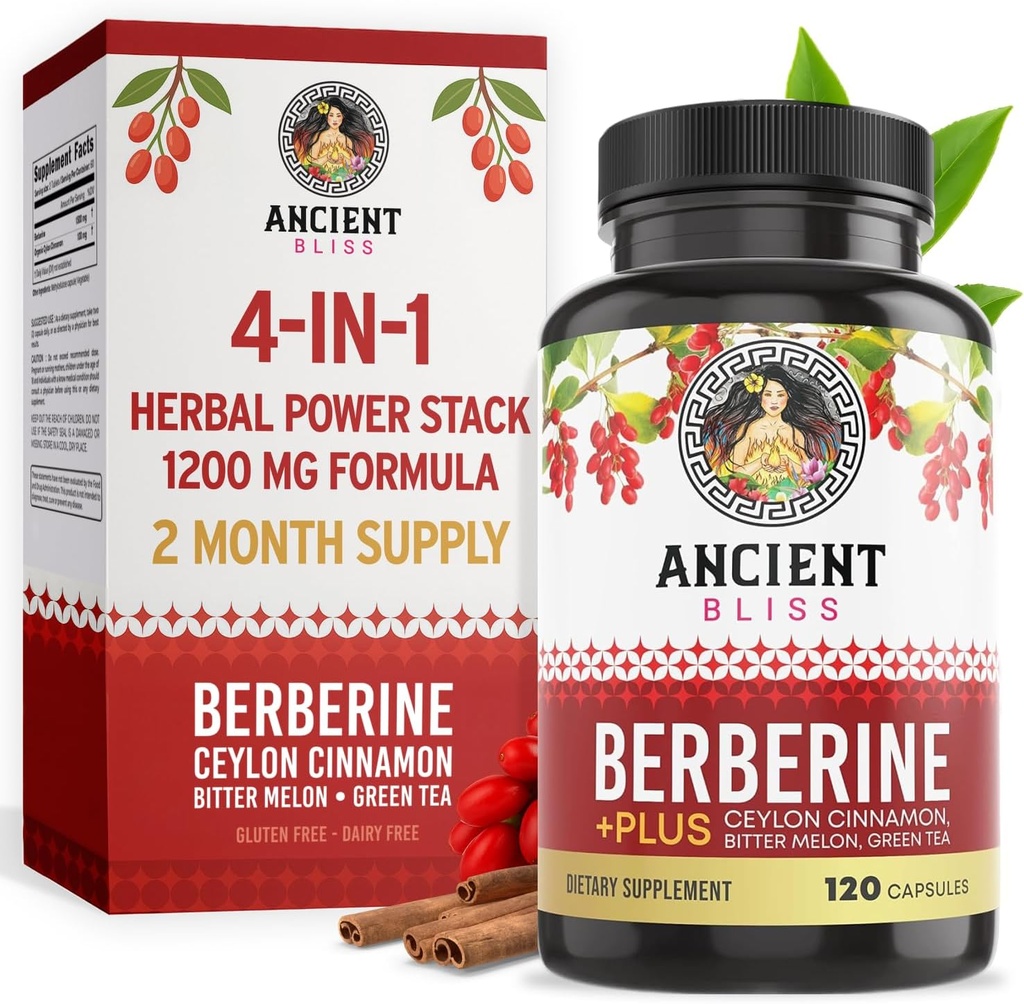 Antiga Bliss Berberine HCL 1200mg con Ceilán Cinnamon, Melón amargo e extracto de té verde - 120 cápsulas